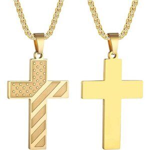 GOLD American Flag Cross Necklace for Men Stainless Steel Box Chain 22+2 inch NW